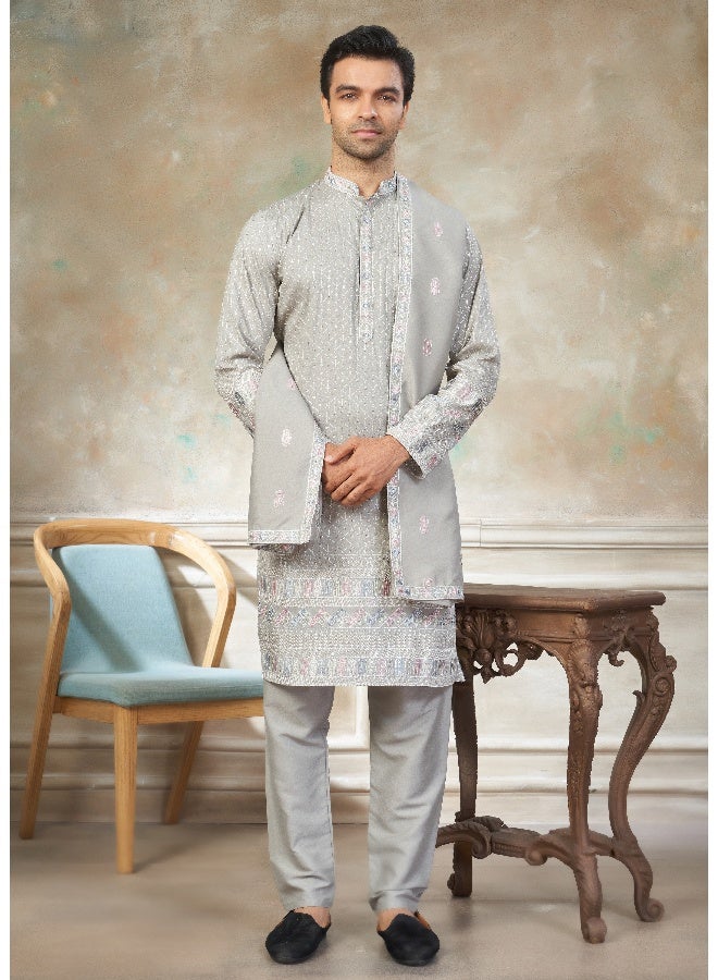 OUTLUK Grey Embroidered Kurta and Pajama Set for Men - Image 1